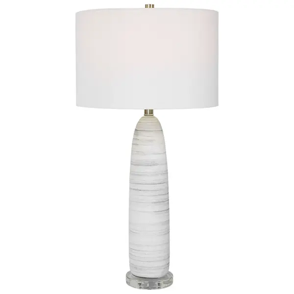 This Sleek Ceramic Table Lamp Features A Matte White Glaze With Brushed Light Gray Detailing, Paired With Brushed Nickel Plated Accents And A Crystal Foot. A White Fabric Drum Shade Compliments The Piece. Collection: Levadia Designer: David Frisch Finish: Brushed Nickel Glass: Round Drum Hardback Shade Width: 15.00" Height: 31.50" Length: 15.00" Weight: 7.00 lb Number of Bulbs: 1 Maximum Wattage: 150.00 W Bulb Type: A Voltage: 110.00 V Material: Crystal, Metal, Ceramic, Fabric Country of Origin: China Safety Rating: Indoor Only
