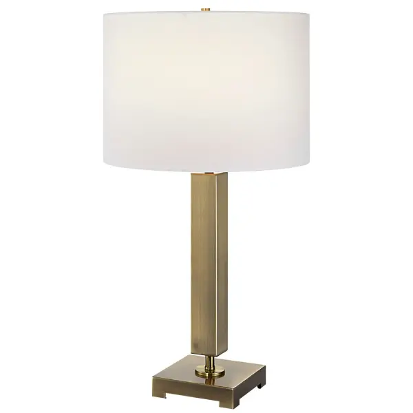 This Sophisticated Table Lamp Showcases A Streamlined Metal Column Base Finished In Antique Brass. The Round Hardback Shade Is Covered In White Linen Fabric. Collection: Duomo Finish: Antique Brass Glass: Round Hardback Shade Width: 14.00" Height: 27.00" Length: 14.00" Weight: 5.06 lb Number of Bulbs: 1 Maximum Wattage: 150.00 W Bulb Type: A Voltage: 110.00 V Material: Metal:95%, Fabric:5% Country of Origin: Cambodia Safety Rating: Indoor Only
