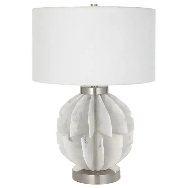 This Contemporary Table Lamp Features Thin Stacked Blades That Create An Organic Sphere Finished In A White Marble Look Accented By Plated Brushed Nickel Accents. The Lamp Is Paired With A White Fabric Drum Shade. Collection: Repetition Designer: David Frisch Finish: Brushed Nickel Glass: Round Drum Hardback Shade Width: 17.00" Height: 24.50" Length: 17.00" Weight: 14.80 lb Number of Bulbs: 1 Maximum Wattage: 150.00 W Bulb Type: A Voltage: 110.00 V Material: Resin, Iron, Fabric Country of Origin: China Safety Rating: Indoor Only