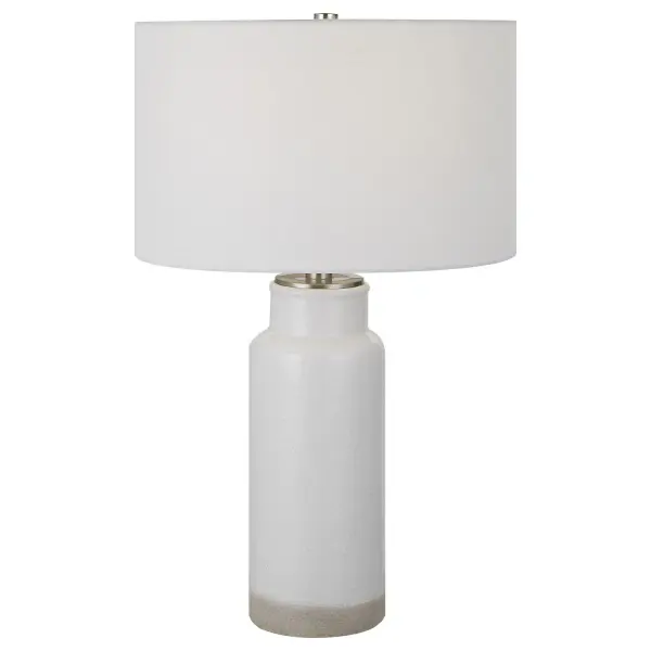 Inspired By Farmhouse Style Pottery, This Table Lamp Is Handcrafted From Ceramic Finished In A Textured White Glaze With A Natural Bottom, Paired With Plated Brushed Nickel Accents. A White Drum Shade Complements This Piece. Collection: Albany Designer: Carolyn Kinder Finish: Brushed Nickel Glass: Round Hardback Drum Width: 17.00" Height: 27.75" Length: 17.00" Weight: 8.00 lb Number of Bulbs: 1 Maximum Wattage: 150.00 W Bulb Type: A Voltage: 110.00 V Material: Ceramic, Iron, Fabric Country of Origin: China Safety Rating: Indoor Only