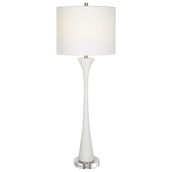 Showcasing A Classic Trumpet Shape, This Buffet Lamp Is Handcrafted From Ivory Man-made Stone That Accurately Replicates The Look Of Thassos Marble, Displayed On A Thick Crystal Foot, Paired With Brushed Nickel Plated Accents. A White Fabric Shade Completes The Piece. Collection: Fountain Designer: Carolyn Kinder Finish: Brushed Nickel Glass: Round Hardback Drum Width: 12.00" Height: 34.00" Length: 12.00" Weight: 10.00 lb Number of Bulbs: 1 Maximum Wattage: 150.00 W Bulb Type: A Voltage: 110.00 V Material: Iron, Crystal, Fabric, Faux Stone Country of Origin: China Safety Rating: Indoor Only