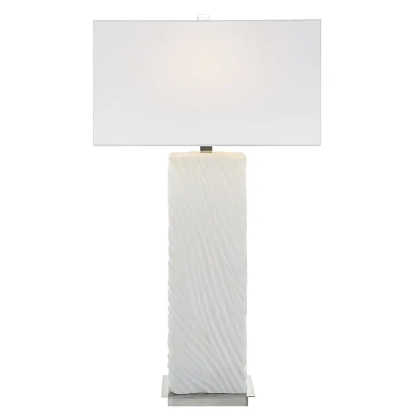 Stylish And Sophisticated, This Table Lamp Is Executed In A Rich Carved Ivory Man-made Stone That Accurately Replicates The Look Of Thassos Marble And Is Accented By Brushed Nickel Finished Iron Details. A Rectangle Hardback Shade In White Linen Complements The Design. Collection: Pillar Designer: Carolyn Kinder Finish: Brushed Nickel Glass: Rectangle Hardback Width: 17.00" Height: 32.00" Length: 10.00" Weight: 12.00 lb Number of Bulbs: 1 Maximum Wattage: 150.00 W Bulb Type: A Voltage: 110.00 V Material: Mad-Made Stone, Iron, Fabric Country of Origin: China Safety Rating: Indoor Only