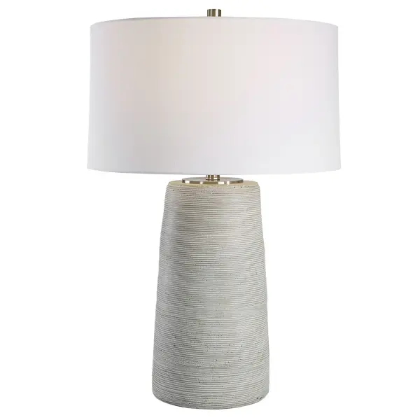 Handcrafted In An Artisanal Style, This Table Lamp Is Formed From Ceramic In Neutral Off-white And Gray Tones With Carved Ring Detailing. Steel Accents Are Finished In A Complementary Brushed Nickel. The Hardback Drum Shade Is Covered In A White Linen Fabric. Collection: Mountainscape Designer: Carolyn Kinder Finish: Brushed Nickel Glass: Round Hardback Shade Width: 18.00" Height: 27.50" Length: 18.00" Weight: 12.00 lb Number of Bulbs: 1 Maximum Wattage: 150.00 W Bulb Type: A Voltage: 110.00 V Material: Steel, Ceramic, Fabric Country of Origin: China Safety Rating: Indoor Only