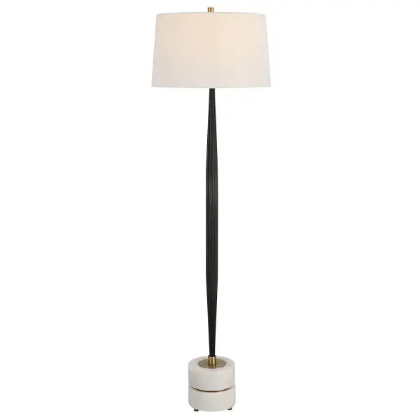 The Miraz Lamp Oozes Sophistication With Its Channeled Cast Iron Base, Brushed Brass Accents, And A Considerable White Marble Foot. The Tapered Hardback Shade Is Covered In A White Cotton Fabric. Collection: Miraz Designer: David Frisch Finish: Brushed Brass Glass: Round Drum Hardback Shade Width: 19.00" Height: 65.75" Length: 19.00" Weight: 37.00 lb Number of Bulbs: 1 Maximum Wattage: 150.00 W Bulb Type: A Voltage: 110.00 V Material: Iron & Marble & Fabric Country of Origin: Vietnam Safety Rating: Indoor Only