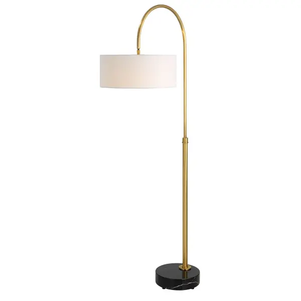 This Classic Arc Floor Lamp Is Crafted From Iron Finished In A Plated Antique Brushed Brass, Accented By A Thick Black Marble Foot With Natural Veining. The Suspended Round Hardback Shade Is Covered In An White Linen Fabric, Attached To A Pivoting Neck Allowing The Shade To Be Placed At An Angle If Desired. Collection: Huxford Designer: David Frisch Finish: Antique Brushed Brass Glass: Round Drum Hardback Shade Width: 27.00" Height: 68.50" Length: 17.00" Weight: 28.00 lb Number of Bulbs: 1 Maximum Wattage: 100.00 W Bulb Type: A Voltage: 110.00 V Material: Iron & Marble & Fabric Country of Origin: Vietnam Safety Rating: Indoor Only