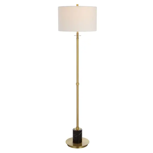This Sophisticated Design Showcases A Sleek Iron Base Finished In A Lightly Antiqued Plated Brass, Accented By A Substantial Black Marble Column Above The Foot. The Round Hardback Shade Is Covered In A White Linen Fabric. Collection: Guard Designer: David Frisch Finish: Antiqued Plated Brass Glass: Round Drum Hardback Shade Width: 17.00" Height: 65.00" Length: 17.00" Weight: 21.00 lb Number of Bulbs: 1 Maximum Wattage: 150.00 W Bulb Type: A Voltage: 110.00 V Material: Iron & Marble & Fabric Country of Origin: China Safety Rating: Indoor Only
