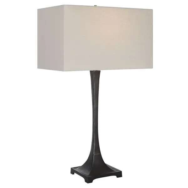 This Table Lamp Showcases A Petite, Tapered Iron Column In A Rustic Black Finish With Golden Highlights. The Rectangle Hardback Shade Is Covered In An Off-white Cotton Fabric. Collection: Reydan Designer: Carolyn Kinder Finish: Rustic Black Glass: Rectangle Hardback Width: 17.00" Height: 29.50" Length: 10.00" Weight: 8.00 lb Number of Bulbs: 1 Maximum Wattage: 150.00 W Bulb Type: A Voltage: 110.00 V Material: Steel, Casting Iron, Fabric Country of Origin: China Safety Rating: Indoor Only