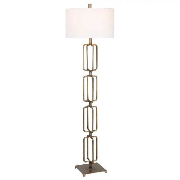 The Link Floor Lamp Features A Unique Design Made From Hand Forged Iron, Finished In A Heavily Antique Brushed Gold. The Hardback Drum Shade Is Covered In A White Linen Fabric. Collection: Link Designer: Renee Wightman Finish: Antique Brushed Gold Glass: Round Drum Hardback Width: 19.00" Height: 67.00" Length: 19.00" Weight: 14.08 lb Number of Bulbs: 1 Maximum Wattage: 150.00 W Bulb Type: A Voltage: 110.00 V Material: Iron, Fabric Country of Origin: China Safety Rating: Indoor Only