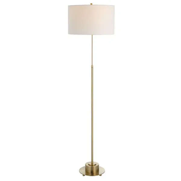 This Versatile Iron Floor Lamp Showcases A Slender Design Featuring An Adjustable Neck And Knurled Tightening Collar, That Allows It To Go From A 53" Tall Reading Lamp To A 70" Tall Floor Lamp, Finished In A Plated Brushed Antique Brass. The Piece Is Accented By A White Linen Fabric Drum Shade. Collection: Prominence Finish: Brushed Antique Brass Glass: Round Hardback Drum Width: 17.00" Height: 69.75" Length: 17.00" Weight: 10.00 lb Number of Bulbs: 1 Maximum Wattage: 150.00 W Bulb Type: A Voltage: 110.00 V Material: Metal, Fabric Country of Origin: China Safety Rating: Indoor Only
