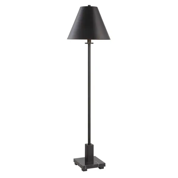The Pilot Buffet Lamp Displays A Slender Metal Construction Finished In Satin Black With A Coordinating Metal Empire Shade And An Elegant Black Marble Foot With Natural White Veining. Collection: Pilot Finish: Satin Black Glass: Metal Shade Width: 10.00" Height: 36.50" Length: 10.00" Weight: 7.00 lb Number of Bulbs: 1 Maximum Wattage: 60.00 W Bulb Type: B Voltage: 110.00 V Material: Metal, Marble Country of Origin: Vietnam Safety Rating: Indoor Only