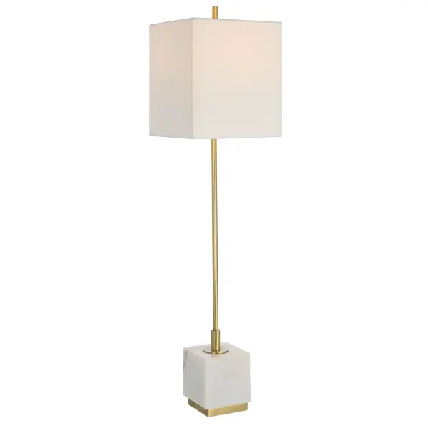 This Versatile Buffet Lamp Showcases A Slim Plated Brushed Brass Metal Base Accented By A Large White Marble Block Foot With Natural Veining. The Square Hardback Shade Is Covered In A Slubbed White Linen Fabric. Collection: Escort Finish: Plated Brushed Brass Glass: Square Shade Width: 9.00" Height: 37.00" Length: 9.00" Weight: 12.00 lb Number of Bulbs: 1 Maximum Wattage: 100.00 W Bulb Type: A Voltage: 110.00 V Material: Metal, Marble, Fabric Country of Origin: Vietnam Safety Rating: Indoor Only