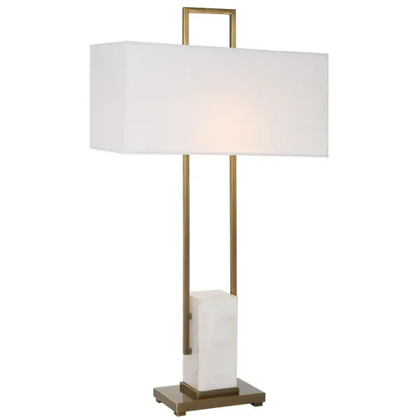 The Column Lamp Displays A Modern Look With Square Steel Bars Finished In Plated Brass And Matching Continuation Finial, Accented With A White Marble Pillar. The Rectangular Hardback Shade Is Covered In A White Linen Fabric. Collection: Column Designer: Jim Parsons Finish: Plated Brass Glass: Rectangle Hardback Rolled Edge Width: 19.00" Height: 35.00" Length: 9.00" Weight: 12.10 lb Number of Bulbs: 1 Maximum Wattage: 100.00 W Bulb Type: A Voltage: 110.00 V Material: Steel & Marble Country of Origin: China Safety Rating: Indoor Only