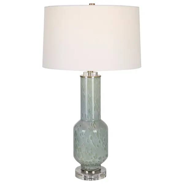 This Sophisticated Lamp Displays A Unique Bubble Glass Base In Tranquil Aqua Gray With Plated Brushed Nickel Accents And Thick Crystal Details. Tapered Hardback Shade Is Covered In A Crisp White Linen Fabric. Collection: Imperia Designer: Carolyn Kinder Finish: Brushed Nickel Glass: Round Hardback Shade Width: 17.00" Height: 30.00" Length: 17.00" Weight: 8.00 lb Number of Bulbs: 1 Maximum Wattage: 150.00 W Bulb Type: A Voltage: 110.00 V Material: Crystal, Glass, Iron, Fabric Country of Origin: China Safety Rating: Indoor Only