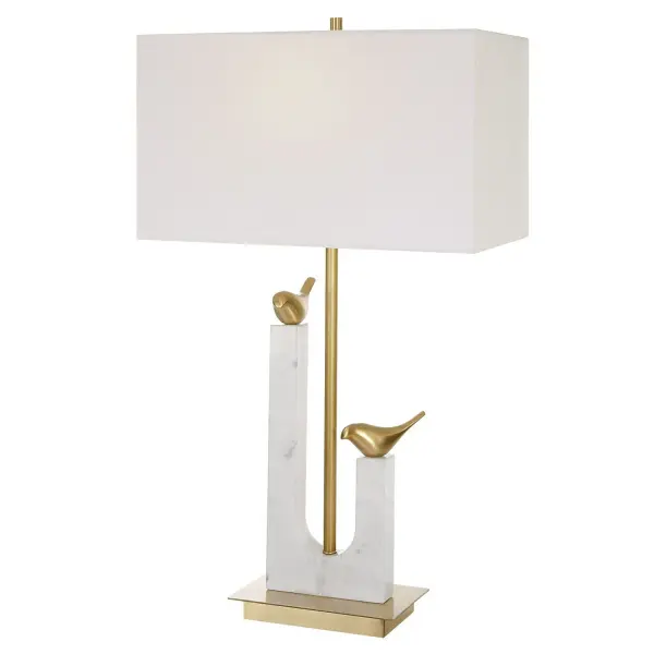The Songbirds Table Lamp Displays Two Cast Brass Birds Counterpoised On A White Marble Sling Atop A Brushed Brass Plated Iron Base. Complemented By A Rectangular Hardback Shade In A White Linen Fabric. Collection: Songbirds Designer: David Frisch Finish: Brushed Brass Glass: Rectangle Hardback Fabric Shade Width: 17.00" Height: 30.00" Length: 10.00" Weight: 11.00 lb Number of Bulbs: 1 Maximum Wattage: 150.00 W Bulb Type: A Voltage: 110.00 V Material: Marble, Iron, Brass, Fabric Country of Origin: China Safety Rating: Indoor Only