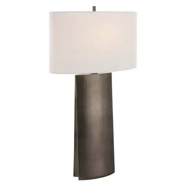This Contemporary Sculptural Design Showcases A Tapered Silhouette With A Deep Channel Down The Sides, Finished In A Dark Steel Gray. The Oval Drum Shade Is Covered In A White Linen Fabric With Natural Slubbing. Collection: V-Groove Designer: John Kowalski Finish: Dark Steel Gray Glass: Oval Drum Hardback Width: 19.00" Height: 32.50" Length: 10.00" Weight: 11.50 lb Number of Bulbs: 1 Maximum Wattage: 150.00 W Bulb Type: A Voltage: 110.00 V Material: Iron, Fabric Country of Origin: China Safety Rating: Indoor Only