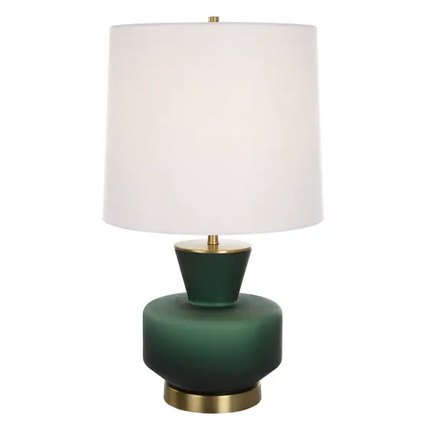 Inspired By Mid-Century Modern Design, This Table Lamp Features A Unique Dark Emerald Green Glass Base That's Accented With Lightly Antiqued Brass Plated Details. The Tapered Round Hardback Shade Is Covered In A Crisp White Linen Fabric. Collection: Trentino Designer: David Frisch Finish: Antiqued Brass Glass: Tapered Round Hardback Width: 16.00" Height: 28.00" Length: 16.00" Weight: 10.00 lb Number of Bulbs: 1 Maximum Wattage: 150.00 W Bulb Type: A Voltage: 110.00 V Material: Metal & Glass & Linen Country of Origin: China Safety Rating: Indoor Only