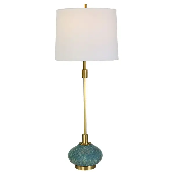 The Kaimana Buffet Lamp Displays A Mottled Aged Blue Drip Glaze With A Seafoam Green Undertone, Paired With Lightly Antiqued Brass Plated Details. The Tapered Round Shade Is A Casual White Linen Fabric With Light Slubbing. Due To The Nature Of Fired Glazes On Ceramic Lamps, Finishes Will Vary Slightly. Collection: Kaimana Designer: Carolyn Kinder Finish: Antiqued Brass Glass: Round Hardback Shade Width: 13.00" Height: 34.00" Length: 13.00" Weight: 6.00 lb Number of Bulbs: 1 Maximum Wattage: 150.00 W Bulb Type: A Voltage: 110.00 V Material: Ceramic, Iron, Fabric Country of Origin: China Safety Rating: Indoor Only