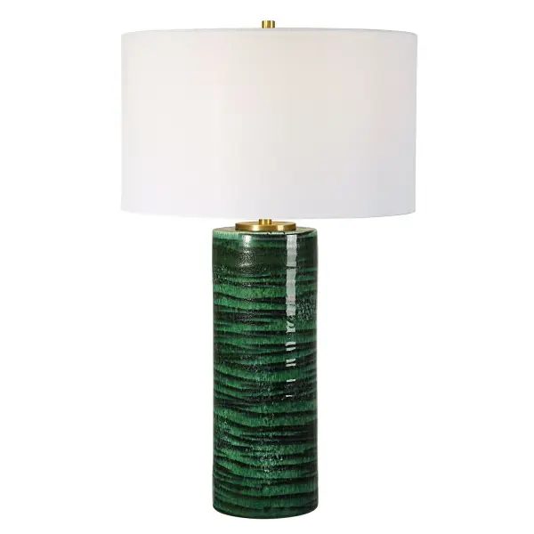 This Table Lamp Features A Ceramic Base Finished In A Two-toned Dark And Light Emerald Green Glaze With An Abstract Stripe Pattern, Accented With Antique Brass Plated Details. Round Drum Shade Has A Casual White Linen Fabric With Natural Slubbing. Due To The Nature Of Fired Glazes On Ceramic Lamps, Finishes Will Vary Slightly. Collection: Galeno Designer: Carolyn Kinder Finish: Antiqued Brass Glass: Round Drum Hardback Shade Width: 17.00" Height: 27.75" Length: 17.00" Weight: 8.00 lb Number of Bulbs: 1 Maximum Wattage: 150.00 W Bulb Type: A Voltage: 110.00 V Material: Ceramic, Iron, Fabric Country of Origin: China Safety Rating: Indoor Only