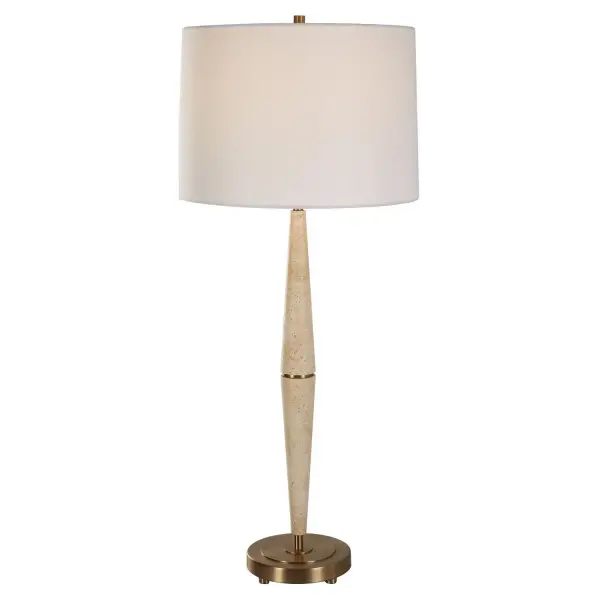 This Table Lamp Combines Modern Silhouette With Organic Textures And Materials Featuring Two Cone Shaped Pieces Of Light Beige Travertine Separated By Iron Details Finished In Plated Brushed Brass. The Slightly Tapered Round Hardback Shade Is Covered In White Linen Fabric. Collection: Palu Designer: Carolyn Kinder Finish: Brushed Brass Glass: Round Hardback Shade Width: 16.00" Height: 37.50" Length: 16.00" Weight: 8.00 lb Number of Bulbs: 1 Maximum Wattage: 150.00 W Bulb Type: A Voltage: 110.00 V Material: Iron, Travertine, Linen Country of Origin: China Safety Rating: Indoor Only