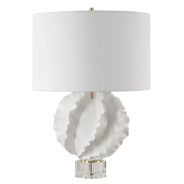 This Ceramic Table Lamp Is Finished In A Satin White Glaze Featuring Gracefully Flowing Deep Ridges, Accented With Brass Plated Details And A Thick Crystal Foot. The Round Drum Shade Is Covered In A Crisp White Linen Fabric. Collection: Saylor Designer: Matthew Williams Finish: Satin White Glass: Round Hardback Shade Width: 19.00" Height: 27.50" Length: 19.00" Weight: 15.47 lb Number of Bulbs: 1 Maximum Wattage: 150.00 W Bulb Type: A Voltage: 110.00 V Material: Ceramic , Crystal, Metal, Fabric Country of Origin: China Safety Rating: Indoor Only