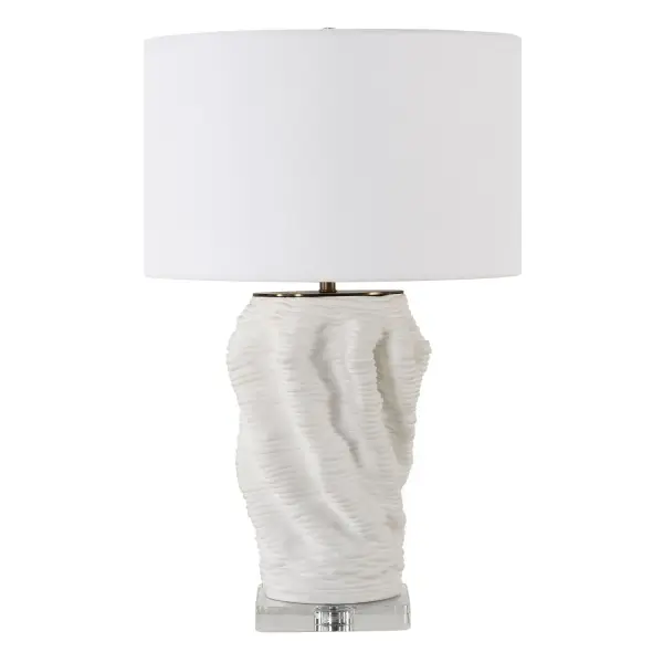 This Unique Silhouette Creates A Modern Look With Its Organic, Free Flowing Shape. Combining Sculpture And Functionality, This Ceramic Vase, Featuring Layers Of Organically Shaped Stacked Rings, Finished In A Matte White Glaze, Accented With Brass Plated Details And A Thick Crystal Foot. The Round Drum Shade Is A Crisp White Linen Fabric. Collection: Stratified Designer: Matthew Williams Finish: Brass Glass: Round Hardback Shade Width: 18.00" Height: 28.00" Length: 18.00" Weight: 19.14 lb Number of Bulbs: 1 Maximum Wattage: 150.00 W Bulb Type: A Voltage: 110.00 V Material: Ceramic, Crystal, Steel , Fabric Country of Origin: China Safety Rating: Indoor Only