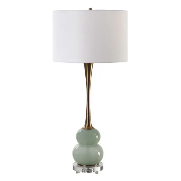 The Sanctuary Table Lamp Features A Curvy, Greenish-gray Glass Body Paired With A Fluted Style Neck That's Finished In A Plated Antique Brass, Displayed On An Elegant Crystal Foot. The Round Hardback Drum Shade Is Covered In A Crisp White Linen Fabric. Collection: Sanctuary Designer: Carolyn Kinder Finish: Antique Brass Glass: Round Drum Hardback Shade Width: 16.50" Height: 35.25" Length: 16.50" Weight: 9.00 lb Number of Bulbs: 1 Maximum Wattage: 150.00 W Bulb Type: A Voltage: 110.00 V Material: Iron, Crystal, Fabric, Glass Country of Origin: China Safety Rating: Indoor Only
