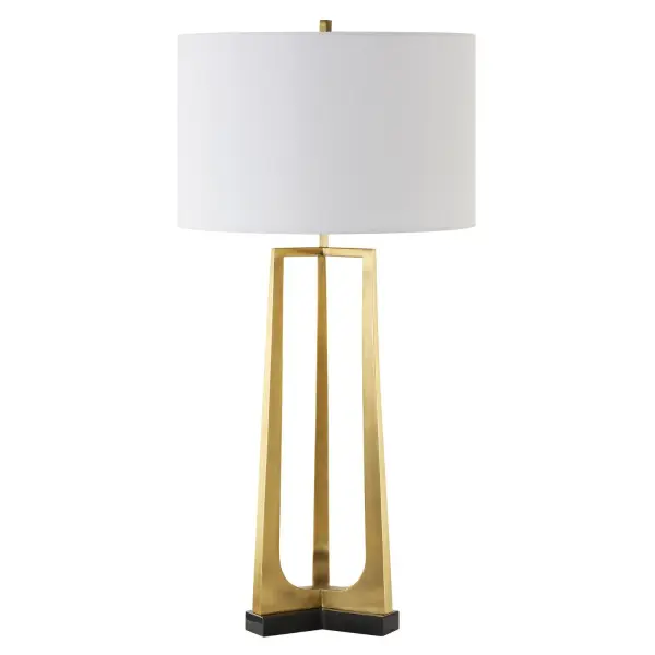 This Table Lamp Features A Sleek Iron Base With Three Tapered Legs Finished In Plated Antique Brass, Elegantly Contrasted By A Thick Black Marble Foot. The Round Hardback Drum Shade Is A Crisp White Linen Fabric. Collection: Crossroads Designer: John Kowalski Finish: Antique Brass Glass: Round Drum Hardback Width: 16.00" Height: 32.50" Length: 16.00" Weight: 6.60 lb Number of Bulbs: 1 Maximum Wattage: 150.00 W Bulb Type: A Voltage: 110.00 V Material: Iron, Marble, Fabric Country of Origin: China Safety Rating: Indoor Only
