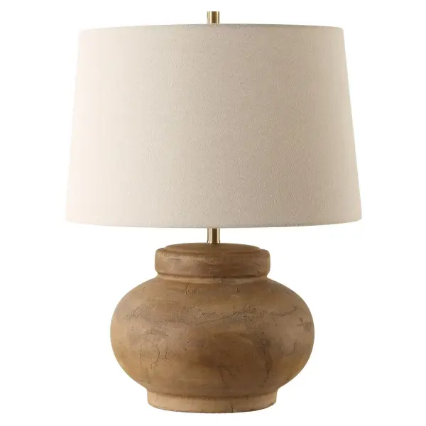 Crafted With A Distressed Terracotta Base, The Urbino Table Lamp Exudes Warmth And Character With Its Earthy Tones And Organic Texture. Accented By Plated Brushed Antique Brass Details. The Round Hardback Shade Is A Natural Linen Fabric With Light Slubbing. Collection: Urbino Designer: Jim Parsons Finish: Brushed Antique Brass Glass: Round Hardback Rolled Edge Width: 17.50" Height: 22.25" Length: 17.50" Weight: 14.10 lb Number of Bulbs: 1 Maximum Wattage: 150.00 W Bulb Type: A Voltage: 110.00 V Material: Steel & Terracotta With Antique, Fabri Country of Origin: China Safety Rating: Indoor Only