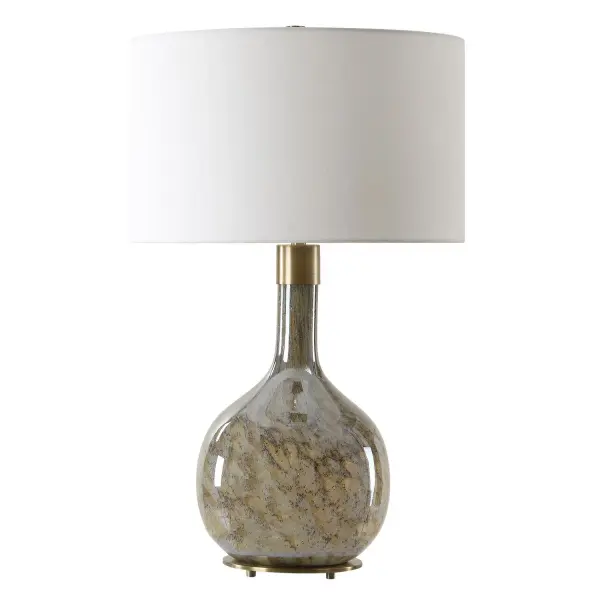 The Rhine Table Lamp Showcases A Seeded Glass Body In Warm Tones Of Light And Dark Browns Paired With Smoke Gray, Accented With Plated Antique Brass Details. The Round Hardback Drum Shade Is A Crisp White Linen Fabric. Collection: Rhine Designer: David Frisch Finish: Antique Brass Glass: Round Drum Hardback Shade Width: 17.00" Height: 27.25" Length: 17.00" Weight: 9.90 lb Number of Bulbs: 1 Maximum Wattage: 150.00 W Bulb Type: A Voltage: 110.00 V Material: Steel, Glass, Fabric Country of Origin: China Safety Rating: Indoor Only