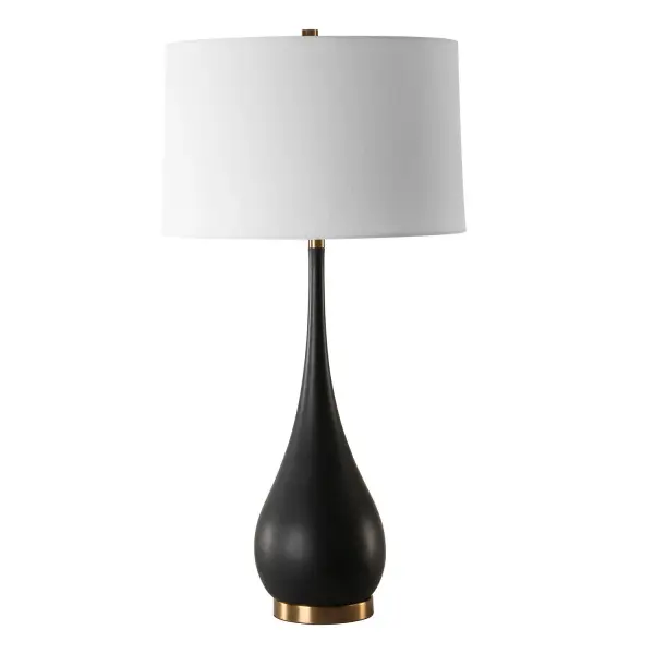 This Exquisite Table Lamp Features A Tear-drop Shaped Base Handcrafted From Sleek, Man-made Black Stone. Accentuated With Brass-plated Details, It Exudes Sophistication And Modern Elegance. The Slightly Tapered Round Hardback Shade Is A Crisp White Linen Fabric. Collection: Nocturnal Designer: Carolyn Kinder Finish: Brass Glass: Round Hardback Shade Width: 18.00" Height: 34.50" Length: 18.00" Weight: 10.00 lb Number of Bulbs: 1 Maximum Wattage: 150.00 W Bulb Type: A Voltage: 110.00 V Material: Mad-Made Stone, Iron, Fabric Country of Origin: China Safety Rating: Indoor Only