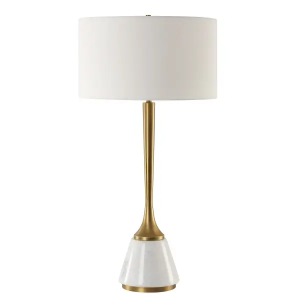 This Table Lamp Showcases A Fusion Of Refined White Marble And Plated Antique Brass. With Its Elegant Fluted-style Neck, This Lamp Adds Timeless Sophistication To Any Space. The Round Hardback Drum Shade Is A Casual White Linen Fabric. Collection: Avola Designer: Carolyn Kinder Finish: Antique Brass Glass: Round Drum Hardback Shade Width: 16.00" Height: 32.00" Length: 16.00" Weight: 18.00 lb Number of Bulbs: 1 Maximum Wattage: 100.00 W Bulb Type: A Voltage: 110.00 V Material: Iron, Marble, Fabric Country of Origin: Vietnam Safety Rating: Indoor Only