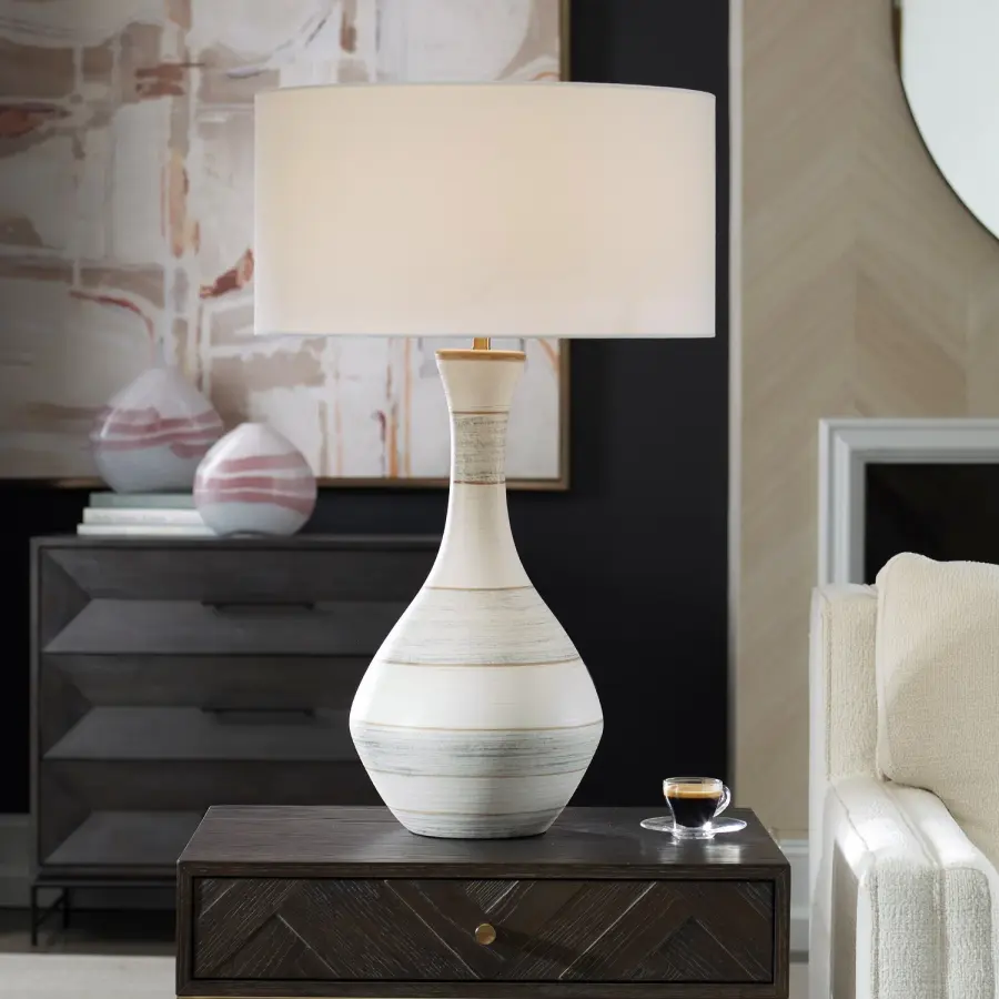 Potter One-Light Table Lamp in Striped Soft Ivory, Blue, and Tan