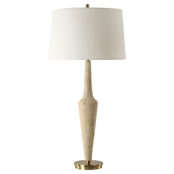 Crafted From Faux Travertine With Organic Texture, This Lamp Exudes Timeless Charm And Sophistication. Its Plated Antique Brass Foot And Matching Finishes Add A Touch Of Warmth And Luxury. A Slightly Tapered Round Hardback Shade In White Linen Completes The Piece. Collection: Juliet Designer: Carolyn Kinder Finish: Antique Brass Glass: Round Hardback Shade Width: 17.00" Height: 35.75" Length: 17.00" Weight: 12.00 lb Number of Bulbs: 1 Maximum Wattage: 150.00 W Bulb Type: A Voltage: 110.00 V Material: Steel, Faux Resin, Fabric Country of Origin: China Safety Rating: Indoor Only