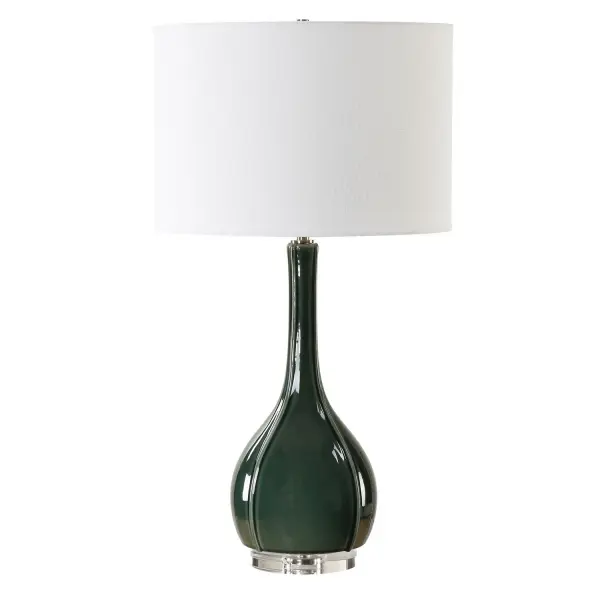 This Ceramic Fluted Base Is Adorned In A Hunter Green Crackled Glaze. This Sophisticated Table Lamp Is Further Enhanced By A Thick Crystal Foot And Plated Brushed Nickel Hardware, Bringing A Touch Of Luxury And Refined Taste To Any Room. The Round Drum Hardback Shade Is Made In A Casual White Linen Fabric. Collection: Essex Designer: Renee Wightman Finish: Brushed Nickel Glass: Round Drum Hardback Width: 15.00" Height: 27.25" Length: 15.00" Weight: 7.48 lb Number of Bulbs: 1 Maximum Wattage: 150.00 W Bulb Type: A Voltage: 110.00 V Material: Ceramic, Crystal , Iron, Fabric Country of Origin: China Safety Rating: Indoor Only