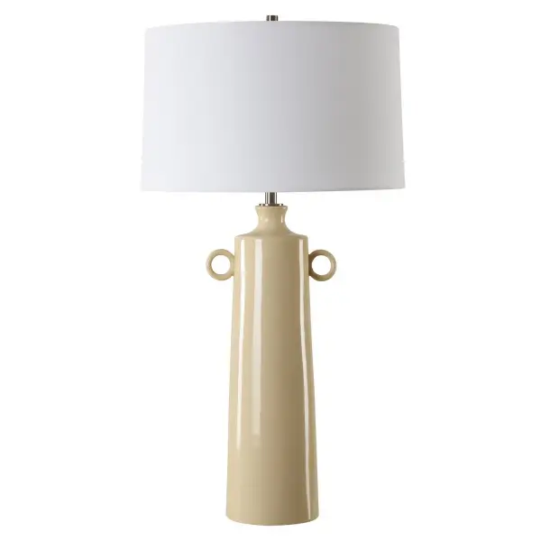 This Ceramic Lamp Boasts A Vase-like Shaped Base In A Pale Yellow Crackled Glaze, Accented With Plated Brushed Nickel Details. A Slightly Tapered Round Drum Shade In A White Linen Fabric Completes The Piece. Collection: Florero Designer: Renee Wightman Finish: Brushed Nickel Glass: Taper Drum Hardback Width: 17.00" Height: 32.00" Length: 17.00" Weight: 7.72 lb Number of Bulbs: 1 Maximum Wattage: 150.00 W Bulb Type: A Voltage: 110.00 V Material: Ceramic, Iron, Fabric Country of Origin: China Safety Rating: Indoor Only