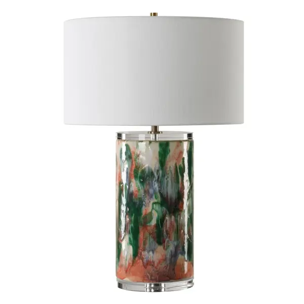 This Unique Ceramic Lamp Is Finished Like An Abstract Piece Of Art Featuring Shades Of Luscious Green, Hints Of Blues, Pops Of Salmon On A Off White Background, Paired With Thick Crystal Details And Plated Brass Accents. A Round Drum Shade Covered In A Crisp White Linen Fabric Completes The Piece. Due To The Nature Of Fired Glazes On Ceramic Lamps, Finishes Will Vary Slightly. Collection: Verdant Designer: Renee Wightman Finish: Brass Glass: Round Drum Hardback Width: 18.00" Height: 27.75" Length: 18.00" Weight: 15.43 lb Number of Bulbs: 1 Maximum Wattage: 150.00 W Bulb Type: A Voltage: 110.00 V Material: Ceramic, Crystal, Iron, Fabric Country of Origin: China Safety Rating: Indoor Only