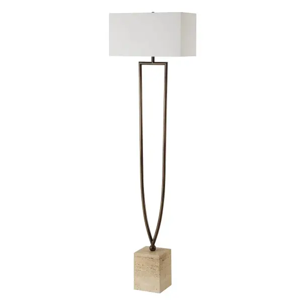 This Floor Lamp Features A Unique Split Iron Column Finished In A Warm Dark Bronze, Displayed On A Substantial Block Of Beige Travertine. The Rectangle Drum Shade Is Covered In A Causal White Linen Fabric. Collection: Fork In The Road Designer: Renee Wightman Finish: Dark Bronze Glass: Rectangle Hardback Width: 18.00" Height: 64.00" Length: 10.00" Weight: 34.54 lb Number of Bulbs: 1 Maximum Wattage: 150.00 W Bulb Type: A Voltage: 110.00 V Material: Travertine, Iron, Fabric Country of Origin: China Safety Rating: Indoor Only
