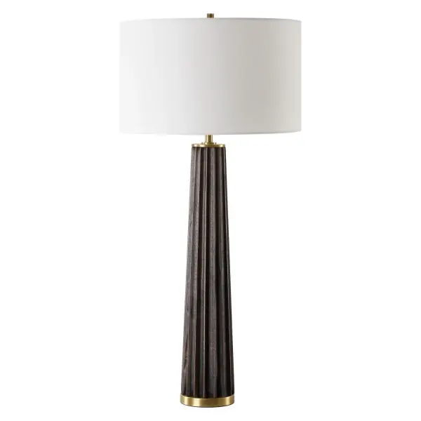 Bringing The Warmth Of Nature Indoors With Its Dark Oak Stain Wood Base, Elegantly Adorned With Scalloped Edges. Accented With Plated Antique Brass Finishes, This Lamp Infuses Any Space With A Touch Of Rustic Charm And A Dash Of Sophistication. The Round Hardback Drum Shade Is A White Linen Fabric. Collection: Forage Designer: Jim Parsons Finish: Antique Brass Glass: Round Hardback Drum Shade Width: 15.00" Height: 31.50" Length: 15.00" Weight: 7.00 lb Maximum Wattage: 100.00 W Bulb Type: A Voltage: 110.00 V Material: Iron/Rubber Wood/ Fabric Country of Origin: Vietnam Safety Rating: Indoor Only
