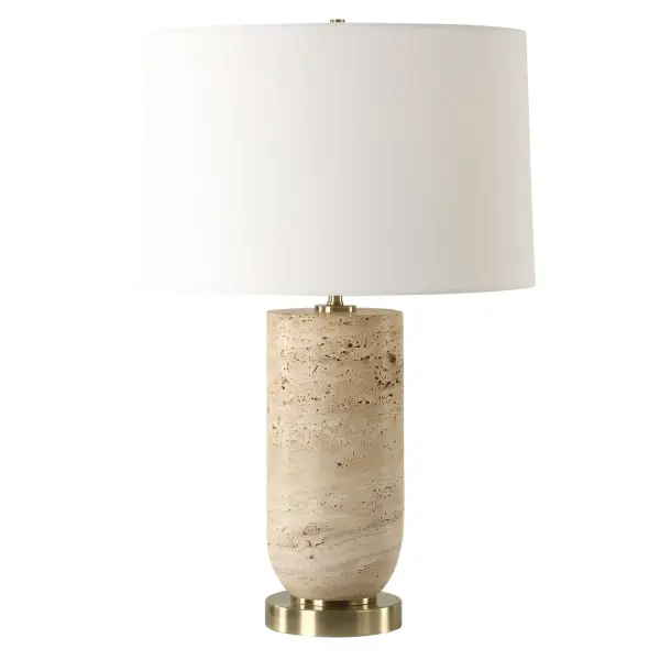 The Aubrey Table Lamp Harmonizes Natural Beauty With Classic Elegance. Crafted From Travertine, Its Base Exudes An Earthy Warmth, While Plated Antique Brass Detailing Adds A Touch Of Refined Sophistication. The Slightly Tapered Round Hardback Shade Is Finished In A Crisp White Linen Fabric. Collection: Aubrey Designer: Osvaldo Mendoza Finish: Antique Brass Glass: Round Hardback Shade Width: 16.00" Height: 24.50" Length: 16.00" Weight: 25.00 lb Number of Bulbs: 1 Maximum Wattage: 150.00 W Bulb Type: A Voltage: 110.00 V Material: Metal, Marble, Fabric Country of Origin: China Safety Rating: Indoor Only