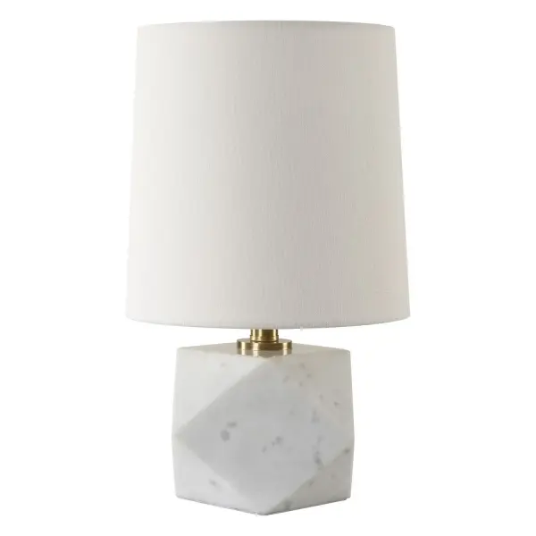 Featuring A Faceted Design, A Cut Above Table Lamp Is Crafted From White Marble With Subtle Veining And Accented With Plated Antique Brass Hardware. The Slightly Tapered Round Hardback Shade Is Covered In White Linen Fabric With Light Slubbing. Collection: A Cut Above Designer: David Frisch Finish: Antique Brass Glass: Round Hardback Shade Width: 9.00" Height: 14.50" Length: 9.00" Weight: 12.50 lb Number of Bulbs: 1 Maximum Wattage: 60.00 W Bulb Type: A Voltage: 110.00 V Material: Iron & Marble & Fabric Country of Origin: China Safety Rating: Indoor Only