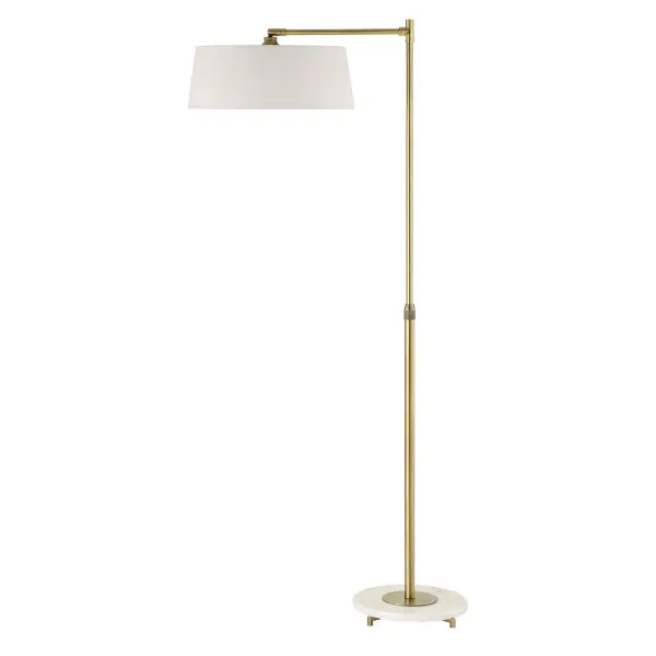 This Refined Floor Lamp Is Crafted From Iron Finished In A Plated Antique Brushed Brass, Attached To A White Marble Foot. The Branch Out Floor Lamp Features A Telescoping Neck That Allows It To Go From A 48" Tall Reading Lamp To A 67" Tall Floor Lamp. The Shallow Slightly Tapered Hardback Shade Is A White Linen Fabric, Attached To A Pivoting Stem. Collection: Branch Out Designer: David Frisch Finish: Antique Brushed Brass Glass: Round Hardback Shade Width: 30.25" Height: 66.50" Length: 18.00" Weight: 16.60 lb Number of Bulbs: 1 Maximum Wattage: 100.00 W Bulb Type: A Voltage: 110.00 V Material: Iron & Marble & Fabric Country of Origin: Vietnam Safety Rating: Indoor Only