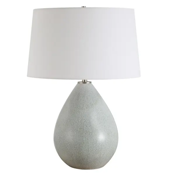 Featuring A Teardrop-shaped Ceramic Base With A Soothing Cream Background, Enhanced By A Mushroom Gray Drip Glaze That Adds A Touch Of Organic Artistry. Accented With Brushed Nickel-plated Details, The Moray Table Lamp Is A Sophisticated Addition To Any Decor. The Tapered Round Hardback Shade Is A Crisp White Linen Fabric. Collection: Moray Finish: Brushed Nickel Glass: Round Drum Hardback Rolled Edge Width: 17.25" Height: 24.25" Length: 17.00" Weight: 7.28 lb Number of Bulbs: 1 Maximum Wattage: 150.00 W Bulb Type: A Voltage: 110.00 V Material: Steel, Ceramic, Fabric Country of Origin: China Safety Rating: Indoor Only