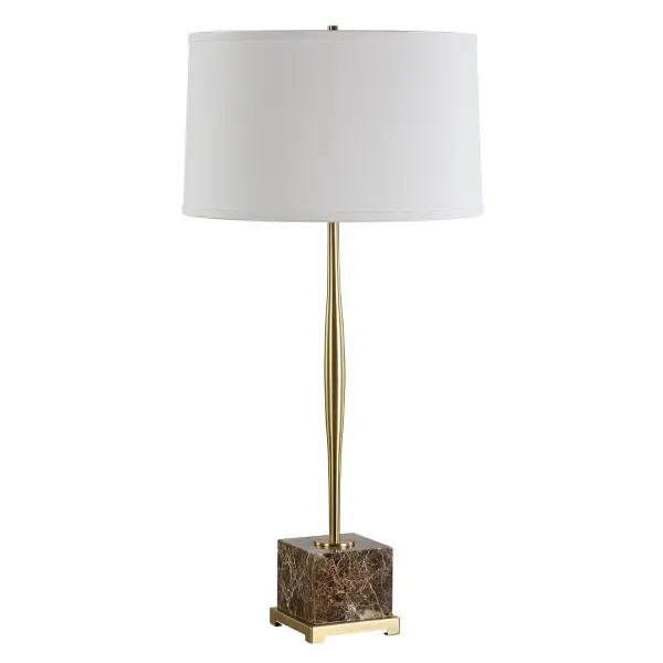 The Booker Table Lamp Showcases A Brown Marble Square Foot Accented With Plated Antique Brass Spindle Base And Hardware. The Slightly Tapered Round Hardback Shade Is Covered In A Casual White Linen Fabric With Natural Slubbing. Collection: Booker Finish: Antique Brass Glass: Bell Width: 17.00" Height: 34.25" Length: 17.00" Weight: 9.70 lb Number of Bulbs: 1 Maximum Wattage: 150.00 W Bulb Type: A Voltage: 110.00 V Material: Marble, Iron, Fabric Country of Origin: Vietnam Safety Rating: Indoor Only