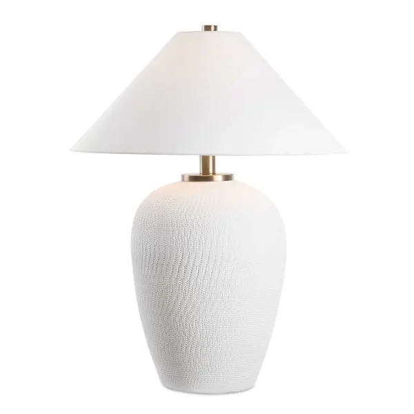 This Ceramic Table Lamp Showcases A Classic Urn Shape, Finished In A Matte White Glaze With Modern Hand-carved Texture And Subtle Distressing, Enhanced By Plated Warm Bronze Accents. The Coolie Style Large Round Shade Is Made In A Casual White Linen Fabric. Collection: Merriton Designer: Matthew Williams Finish: Warm Bronze Glass: Tapered Round Hardback Shade Width: 25.00" Height: 33.00" Length: 25.00" Weight: 16.58 lb Number of Bulbs: 1 Maximum Wattage: 150.00 W Bulb Type: A Voltage: 110.00 V Material: Ceramic, Metal , Fabric Country of Origin: China Safety Rating: Indoor Only