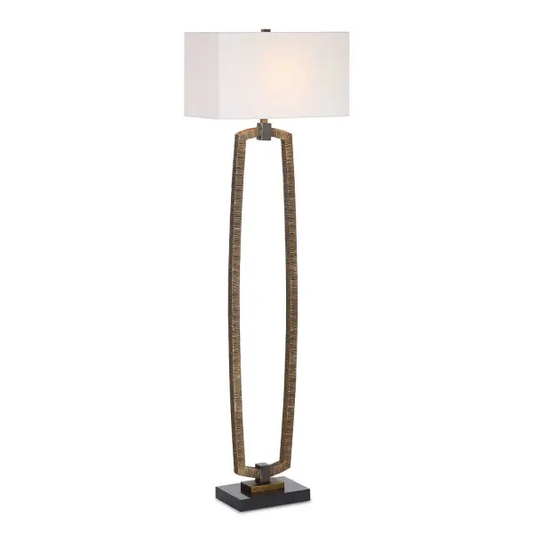 The Relic Floor Lamp Captures Bohemian Charm With Its Deeply Antiqued Gold Finish With Hand-carved Textures Along The Unique Parallel-style Base. It Is Complemented By Dark Bronze Accents And A Black Marble Foot. The Lamp Is Paired With An Oval Hardback White Linen Shade. Collection: Relic Designer: John Kowalski Finish: Dark Bronze Glass: Rectangular Drum Hardback Width: 19.00" Height: 63.50" Length: 11.00" Weight: 22.80 lb Number of Bulbs: 1 Maximum Wattage: 150.00 W Bulb Type: A Voltage: 110.00 V Material: Resin, Marble, Iron, Shade Country of Origin: China Safety Rating: Indoor Only