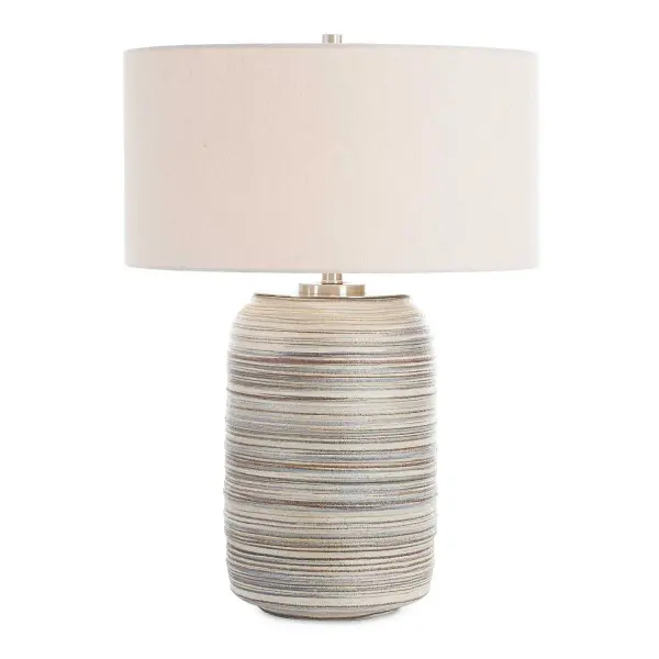 This Ceramic Accent Lamp Showcases A Larger, Striped Base In Muted Hues Of Brown, Taupe, Cream, And Blue, Highlighted By Delicate Brushed Nickel-plated Accents. It Is Topped With A Light Beige Linen Drum Shade That Features Natural Slubbing, Adding A Refined Finishing Touch. Collection: Prospect Designer: Jim Parsons Finish: Brushed Nickel Glass: Drum Hardback Width: 19.50" Height: 27.00" Length: 19.50" Weight: 15.00 lb Number of Bulbs: 1 Maximum Wattage: 150.00 W Bulb Type: A Voltage: 110.00 V Material: Ceramic, Iron, Fabric Country of Origin: China Safety Rating: Indoor Only