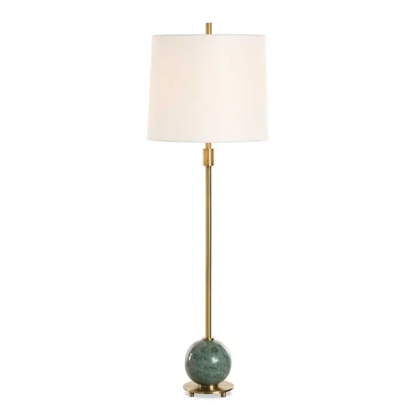 The Bledel Buffet Lamp Features A Sleek And Sophisticated Plated Brushed Brass Column Elevated By A Polished Dark Green Marble Orb. The Slightly Tapered Round Hardback Shade Is Covered In A Timeless White Linen Fabric. Collection: Bledel Designer: Osvaldo Mendoza Finish: Brushed Brass Glass: Round Hardback Shade Width: 12.00" Height: 36.25" Length: 12.00" Weight: 10.00 lb Number of Bulbs: 1 Maximum Wattage: 150.00 W Bulb Type: A Voltage: 110.00 V Material: Steel, Marble, Fabric Country of Origin: China Safety Rating: Indoor Only