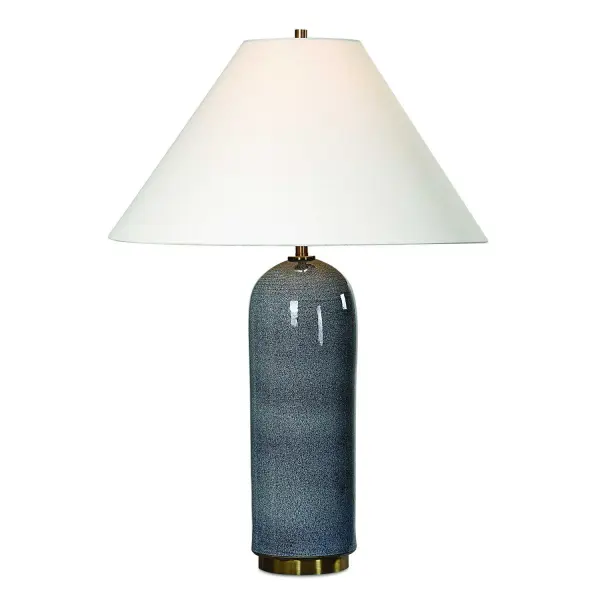 This Hand Spun Ceramic Table Lamp Boasts A Stunning Deep Blue Glaze With Subtle Textural Undertones, Beautifully Complemented By Plated Antique Brass Accents. Due To The Nature Of Fired Glazes On This Hand Crafted Ceramic Lamp, Finishes And Size May Vary Slightly. The Tapered Round Hardback Shade Is In A Casual White Linen Fabric. Due To The Nature Of Fired Glazes On Ceramic Lamps, Finishes May Vary Slightly. Collection: Mayetta Designer: David Frisch Finish: Antique Brass Glass: Round Hardback Shade Width: 19.50" Height: 27.75" Length: 19.50" Weight: 17.00 lb Number of Bulbs: 1 Maximum Wattage: 100.00 W Bulb Type: A Voltage: 110.00 V Material: Steel & Ceramic & Fabric Country of Origin: China Safety Rating: Indoor Only