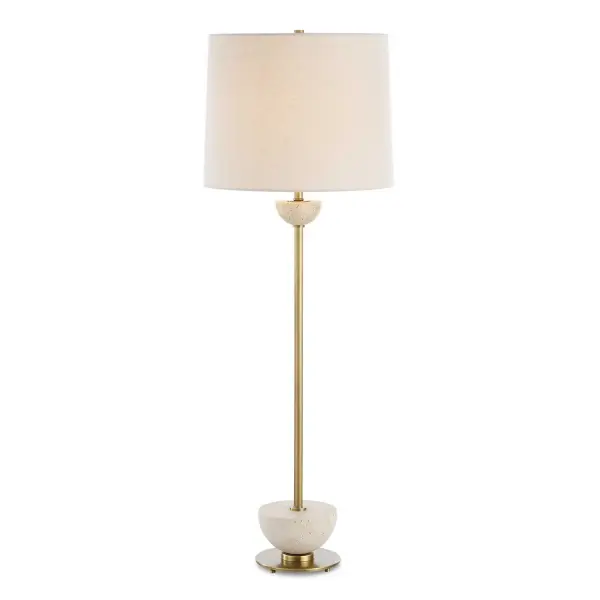 The Hemisphere Buffet Lamp Showcases A Sleek Brushed Brass Base, Elegantly Accented By Two Travertine Half Spheres At Either End, Adding A Touch Of Refinement. The Slightly Tapered Round Hardback Shade Is Covered In An Oatmeal Linen Fabric With Light Slubbing. Collection: Hemisphere Designer: Osvaldo Mendoza Finish: Brushed Brass Glass: Round Hardback Shade Width: 13.00" Height: 36.50" Length: 13.00" Weight: 7.00 lb Number of Bulbs: 1 Maximum Wattage: 150.00 W Bulb Type: A Voltage: 110.00 V Material: Travertine Stone, Metal, Fabric Country of Origin: China Safety Rating: Indoor Only