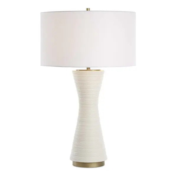 This Ceramic Table Lamp Boast A Warm White Matte Finish With Horizontal Ridge Lines, Adding A Touch Of Texture And Visual Interest To Sleek Curves, Paired With Plated Antique Brass Details. A Round Hardback Drum Shade Finished In A Casual White Linen Fabric Completes The Piece. Collection: Ridgeline Designer: David Frisch Finish: Antique Brass Glass: Round Drum Hardback Shade Width: 18.00" Height: 29.75" Length: 18.00" Weight: 8.00 lb Number of Bulbs: 1 Maximum Wattage: 150.00 W Bulb Type: A Voltage: 110.00 V Material: Ceramic, Iron, Fabric Country of Origin: China Safety Rating: Indoor Only
